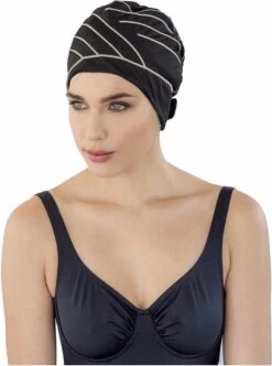 Fashy Zwarte Badmuts Met Bruine Lijnen Voor Dames